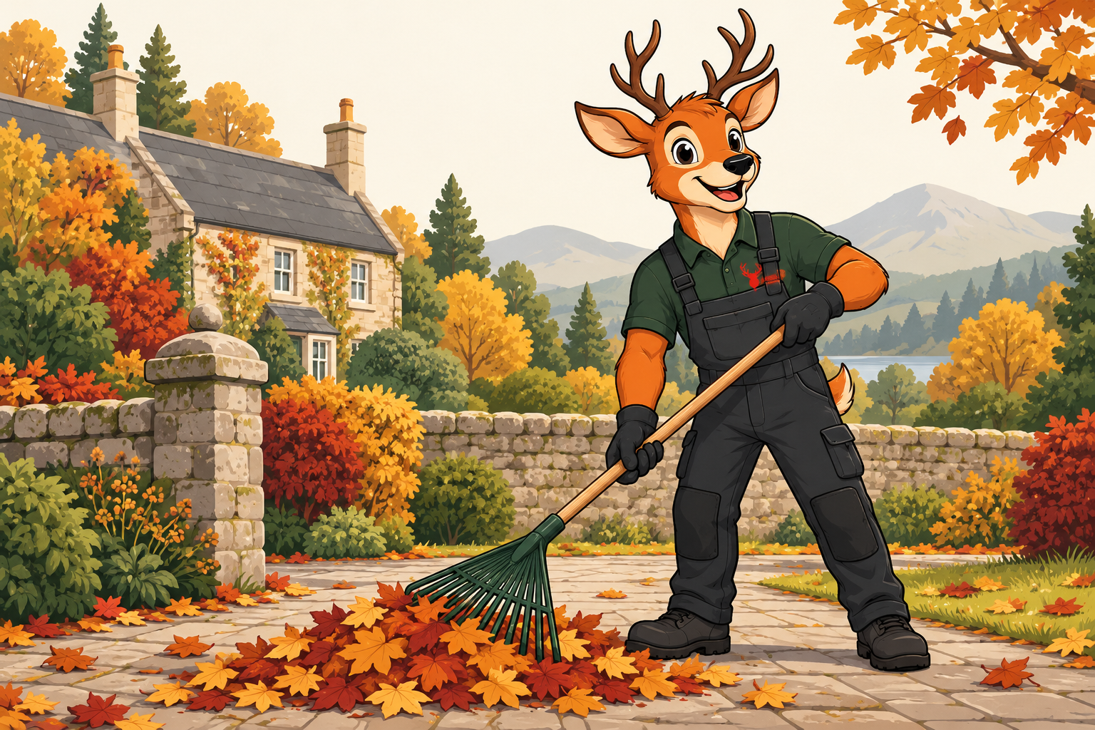 Lance, our cheerful stag mascot, raking autumn leaves in a Scottish cottage garden